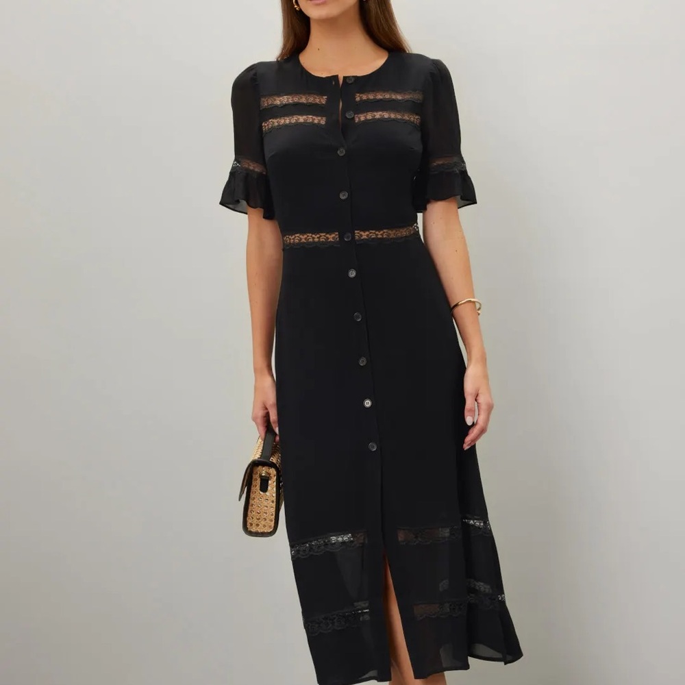 Reformation Elegant Black Midi Dress with Lace